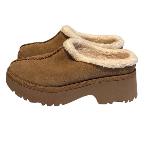 UGG Tan Suede Mules with Plush Cream Trim - Picture 2 of 8